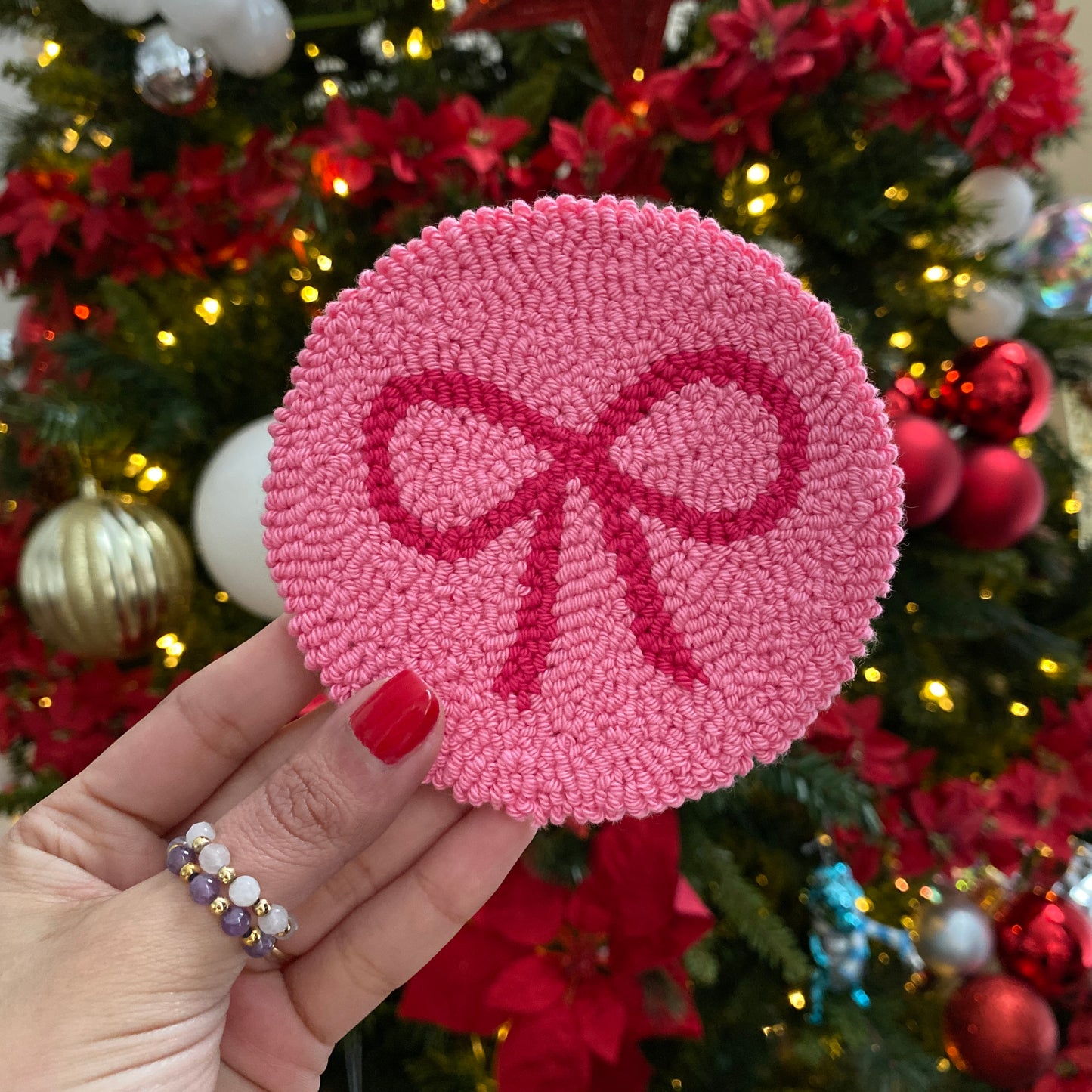 20 oz Cute Pink Bows White Snowflake Glass Cup | Punch Needle Bow coaster