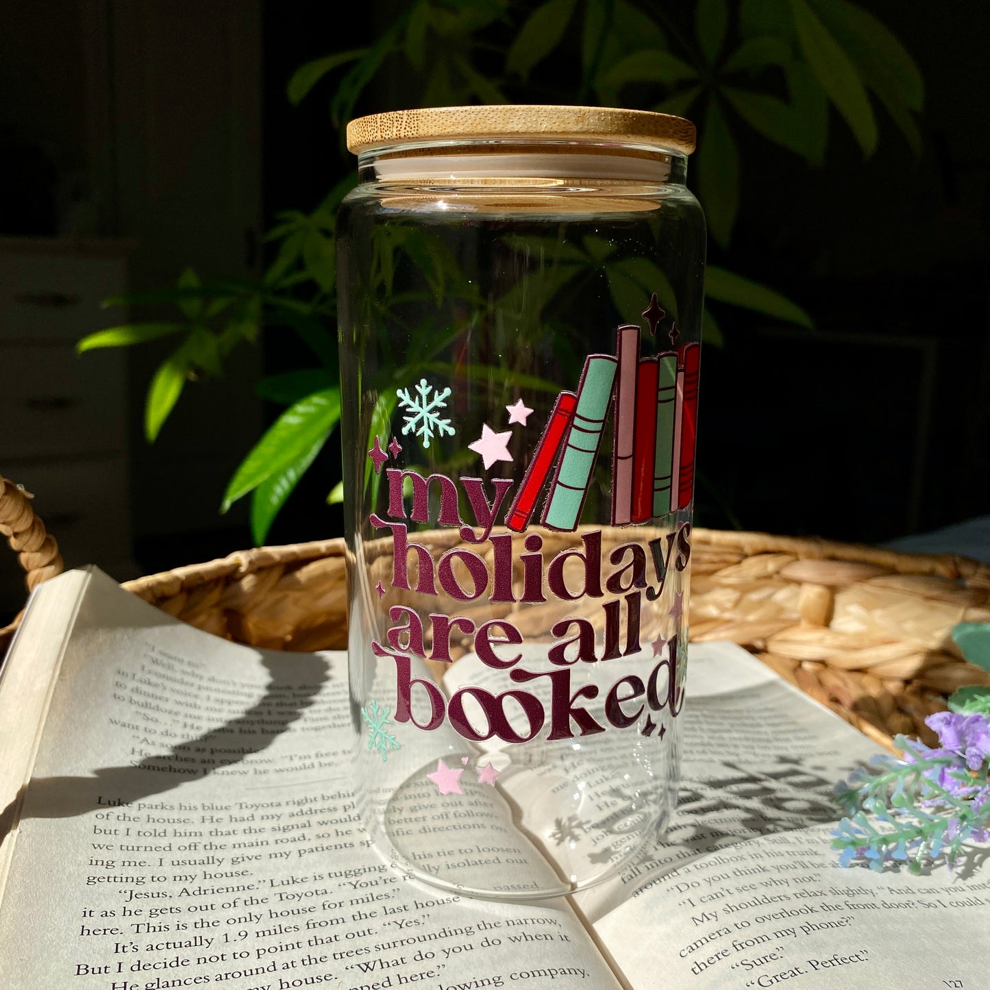 Holiday Weekend Booked Bookish Christmas Glass Cup | Handmade | Unique Gift | Iced Coffee | Matcha | Simple