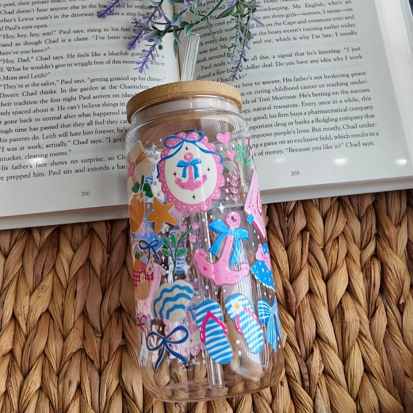 Coastal Pink Coquette Preppy Summer Glass Cup | Handmade | Unique Gift | Iced Coffee | Matcha | Simple