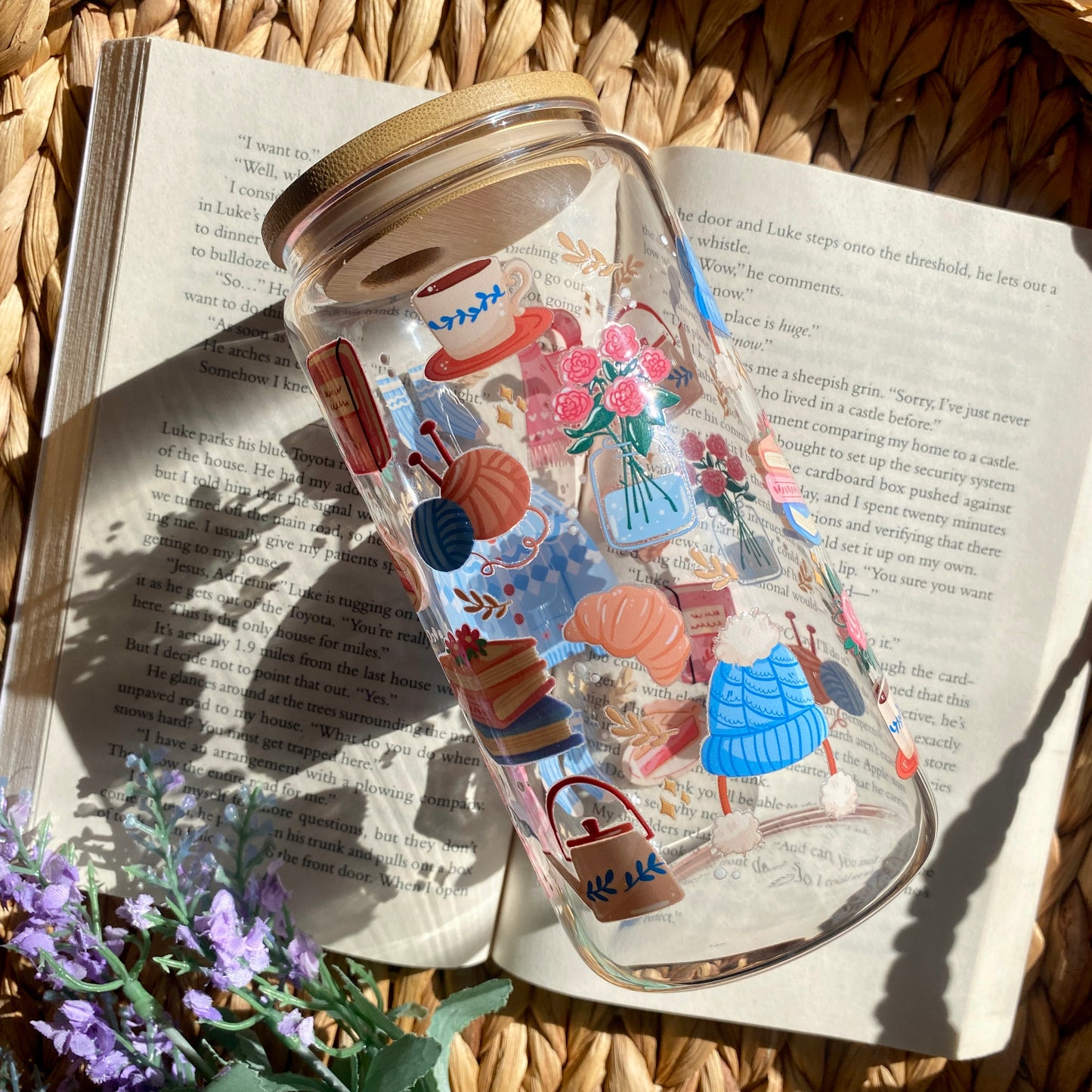 Blue bookish Holiday Christmas Glass Cup | Handmade | Unique Gift | Iced Coffee | Matcha | Simple