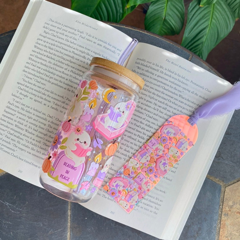 Ghost bookish Glass Cup | Handmade | Unique Gift | Iced Coffee | Matcha | Simple | Bookmark