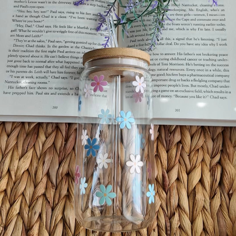 Flowers Daisy Glass Cup | Handmade | Unique Gift | Iced Coffee | Matcha | Simple