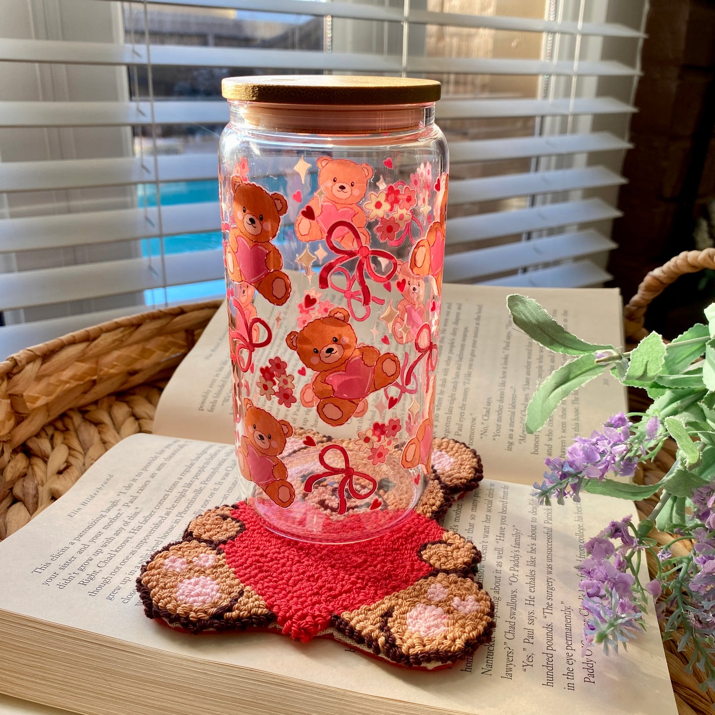 Bundle Gift | Bear Hearts Bows Valentines | Glass Cup | Handmade | Unique Gift | Iced Coffee | Matcha | Simple | Handmade Punch Needle Coaster