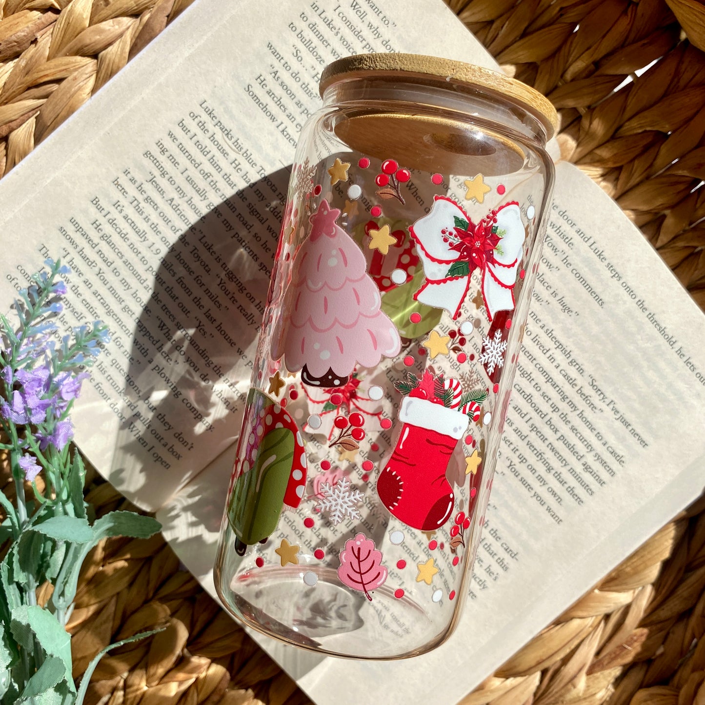 Red Holiday Christmas Glass Cup | Handmade | Unique Gift | Iced Coffee | Matcha | Simple