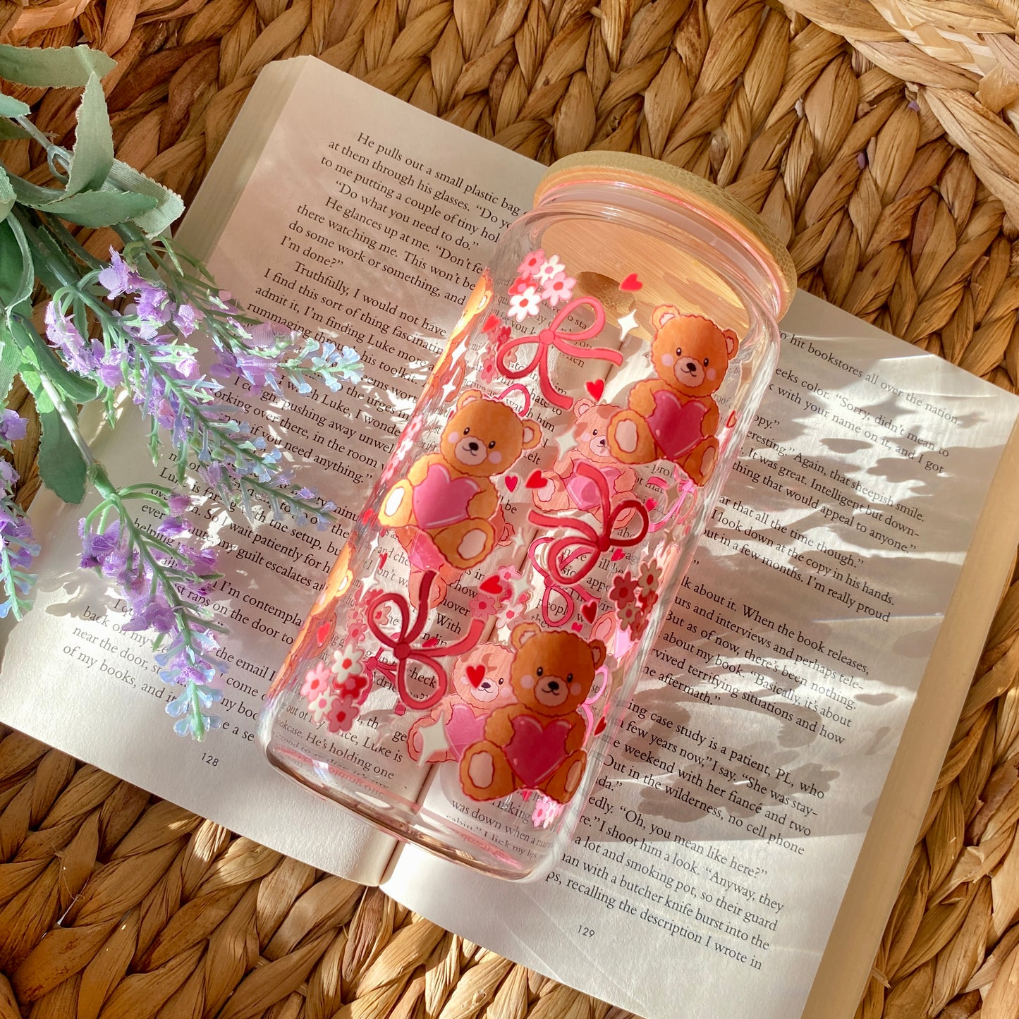 Bear Hearts Bows Valentines | Glass Cup | Handmade | Unique Gift | Iced Coffee | Matcha | Simple