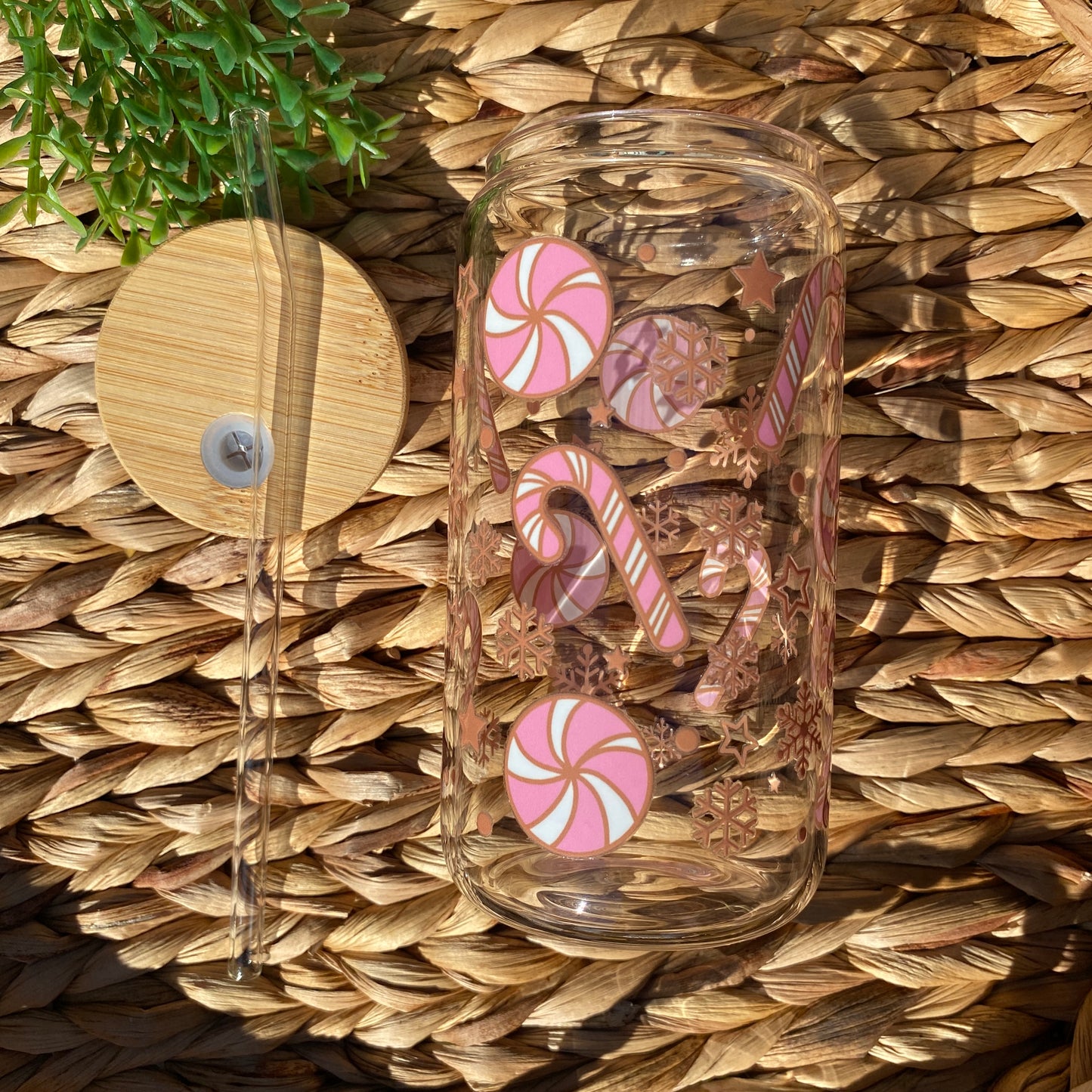 Pink Christmas Candy Cane Glass 20oz cup