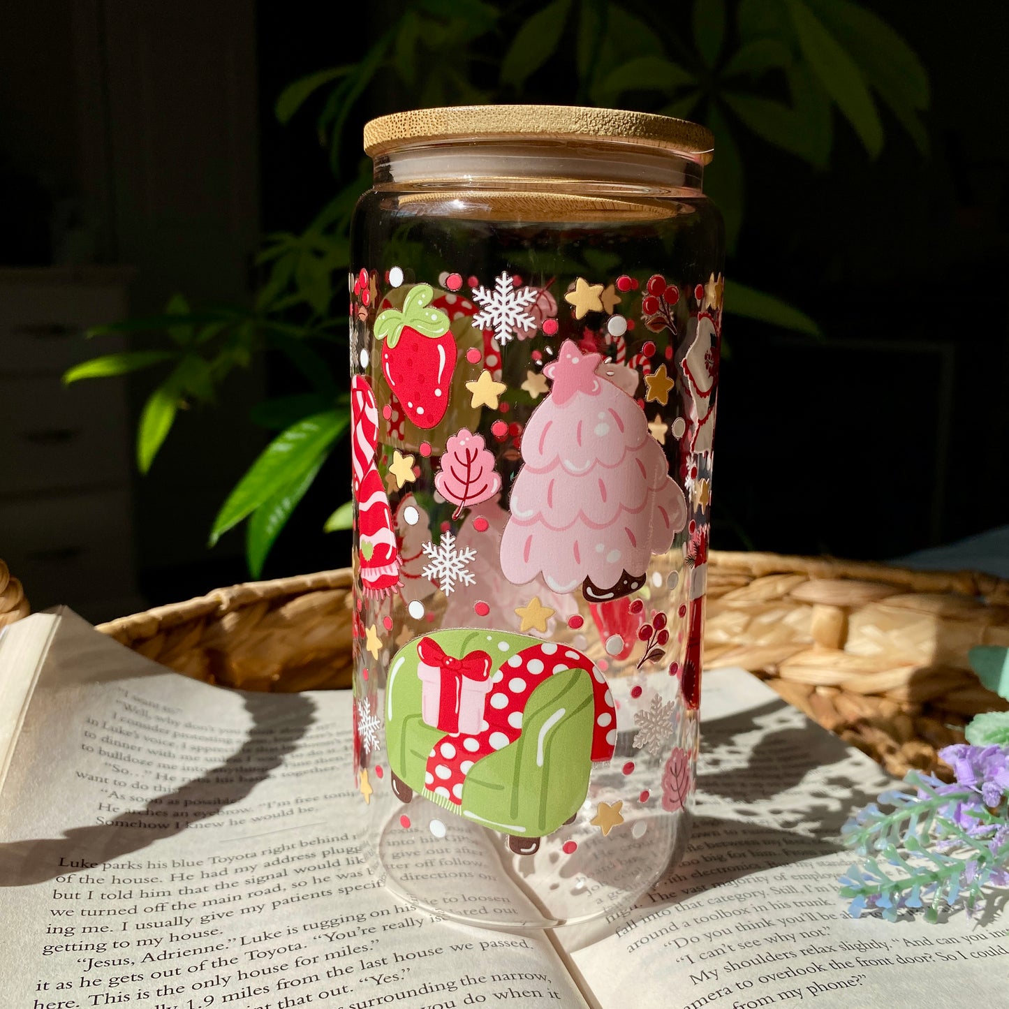 Red Holiday Christmas Glass Cup | Handmade | Unique Gift | Iced Coffee | Matcha | Simple