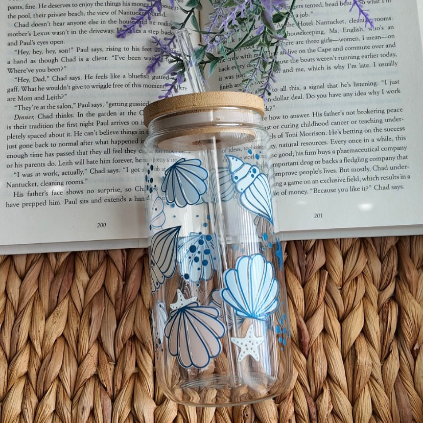 Blue Cute Coastal Beach Shell Summer Glass Cup | Handmade | Unique Gift | Iced Coffee | Matcha | Simple