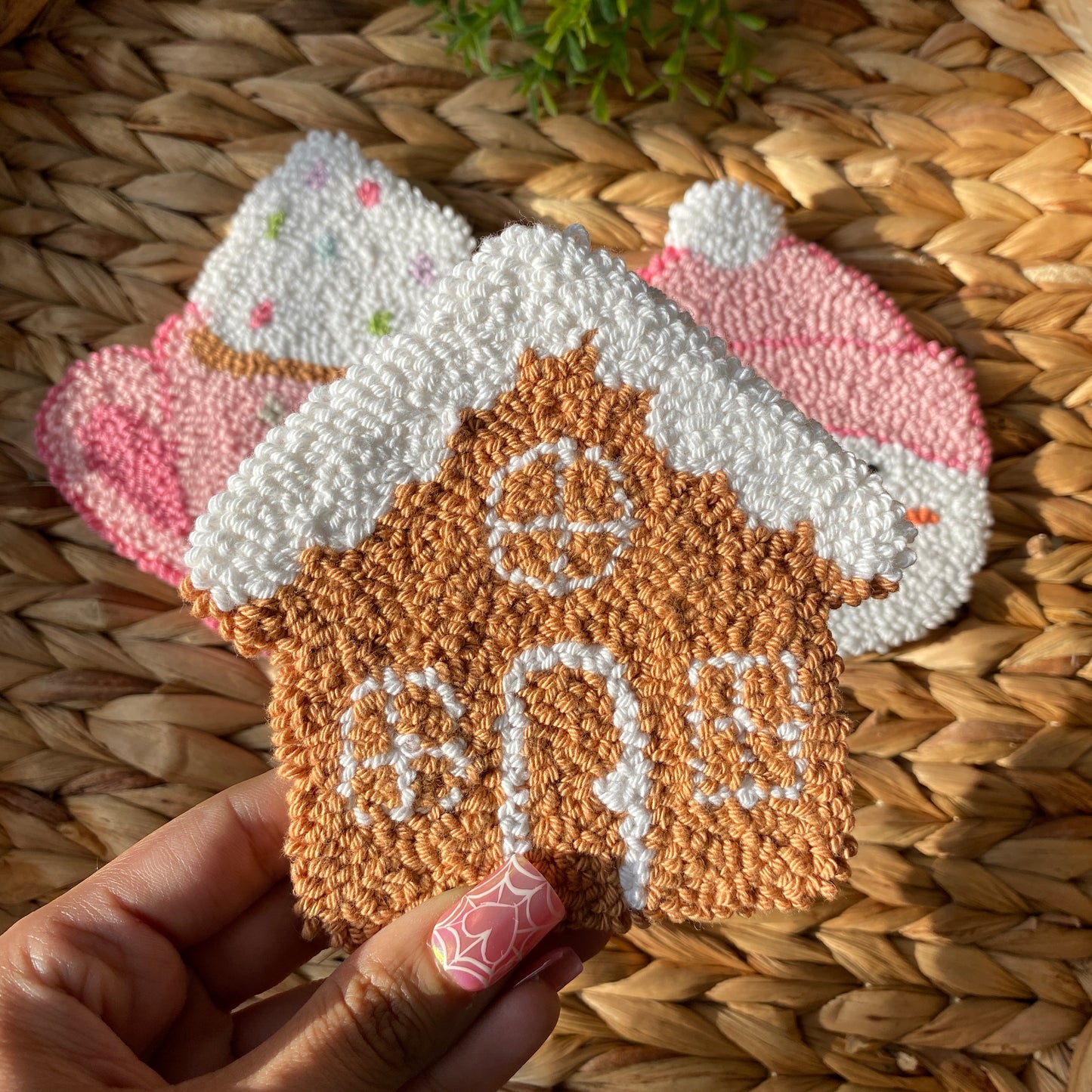 Holiday Christmas Gingerbread House | Snowman | Mug | Handmade punch needle mug rug coaster