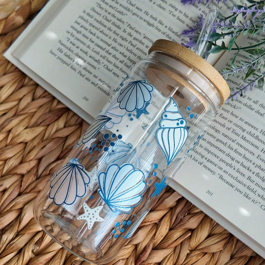Blue Cute Coastal Beach Shell Summer Glass Cup | Handmade | Unique Gift | Iced Coffee | Matcha | Simple
