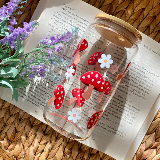 Red Mushroom Glass Cup | Handmade | Unique Gift | Iced Coffee | Matcha | Simple