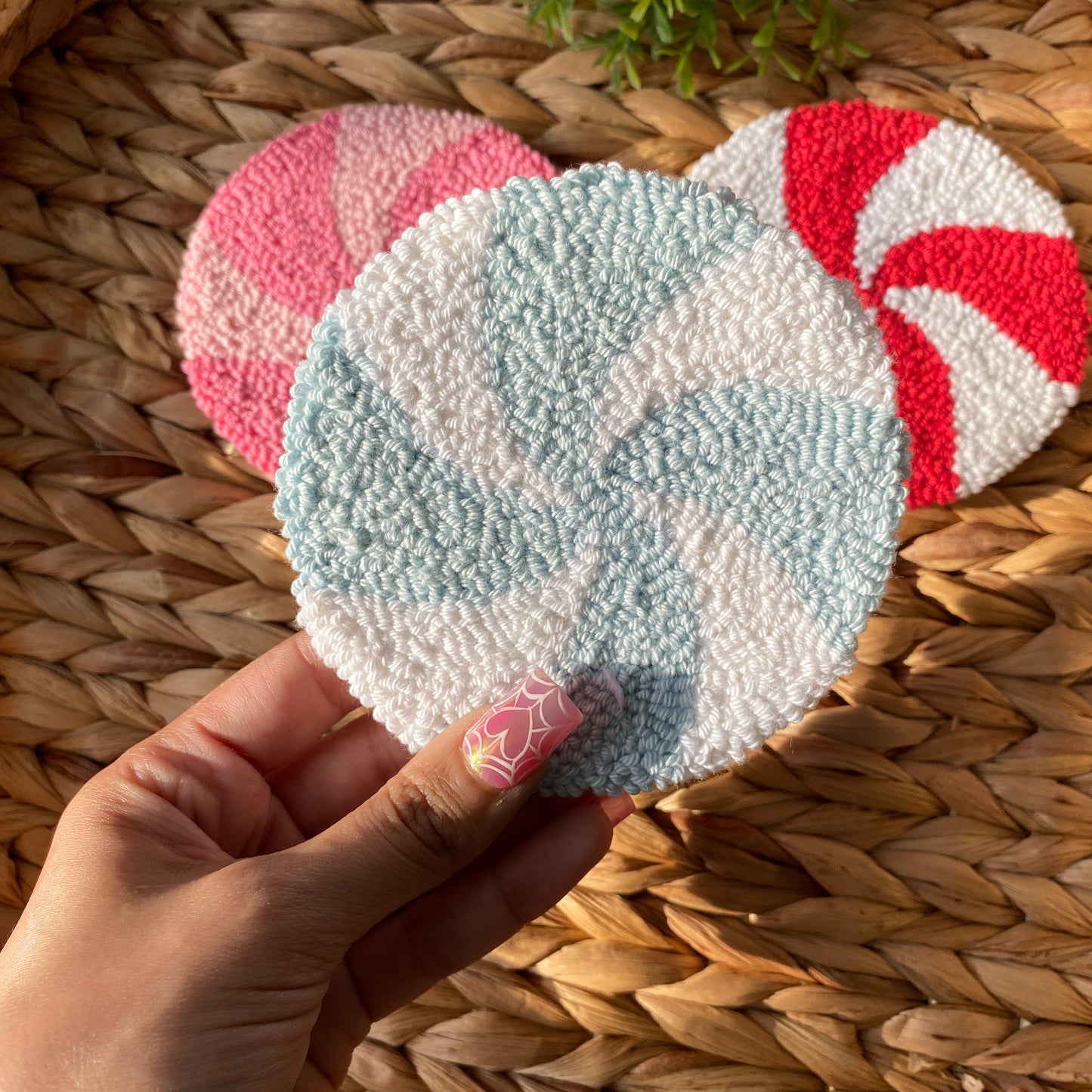 Holiday Christmas Candy | Mug | Handmade punch needle mug rug coaster