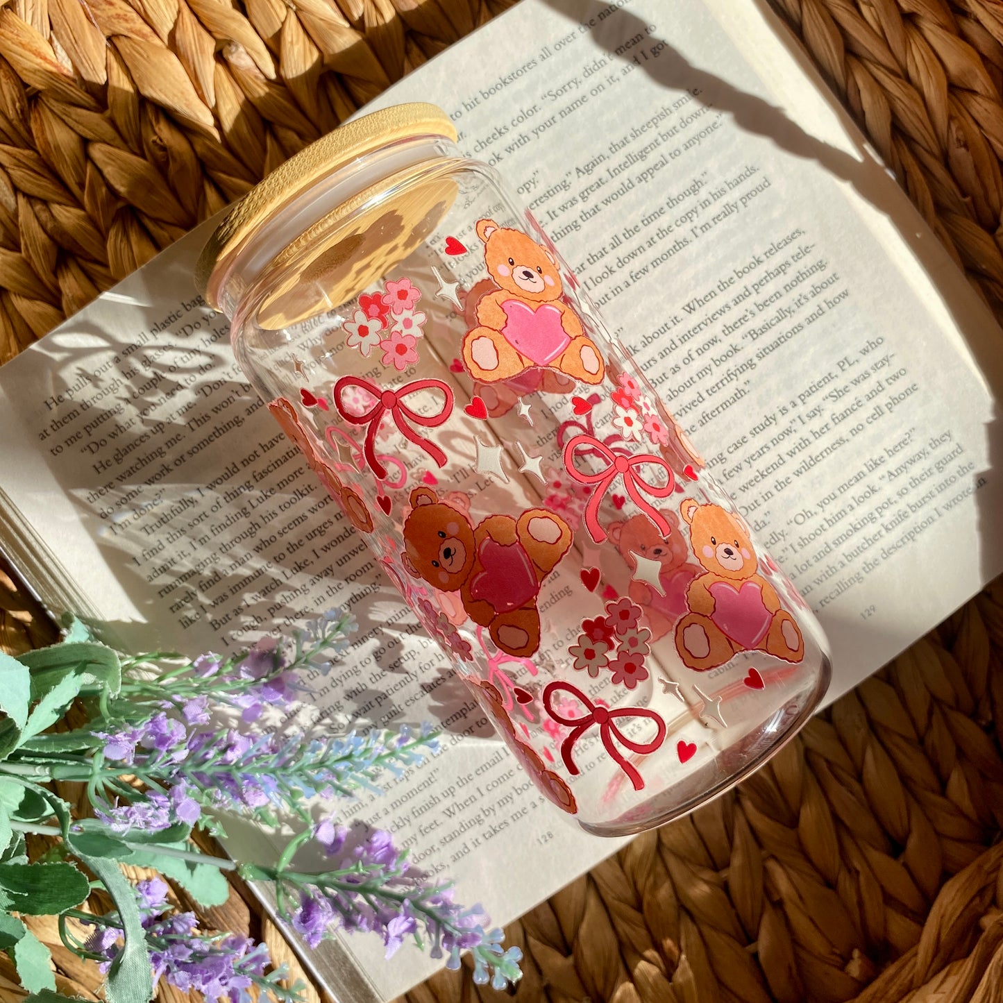 Bear Hearts Bows Valentines | Glass Cup | Handmade | Unique Gift | Iced Coffee | Matcha | Simple