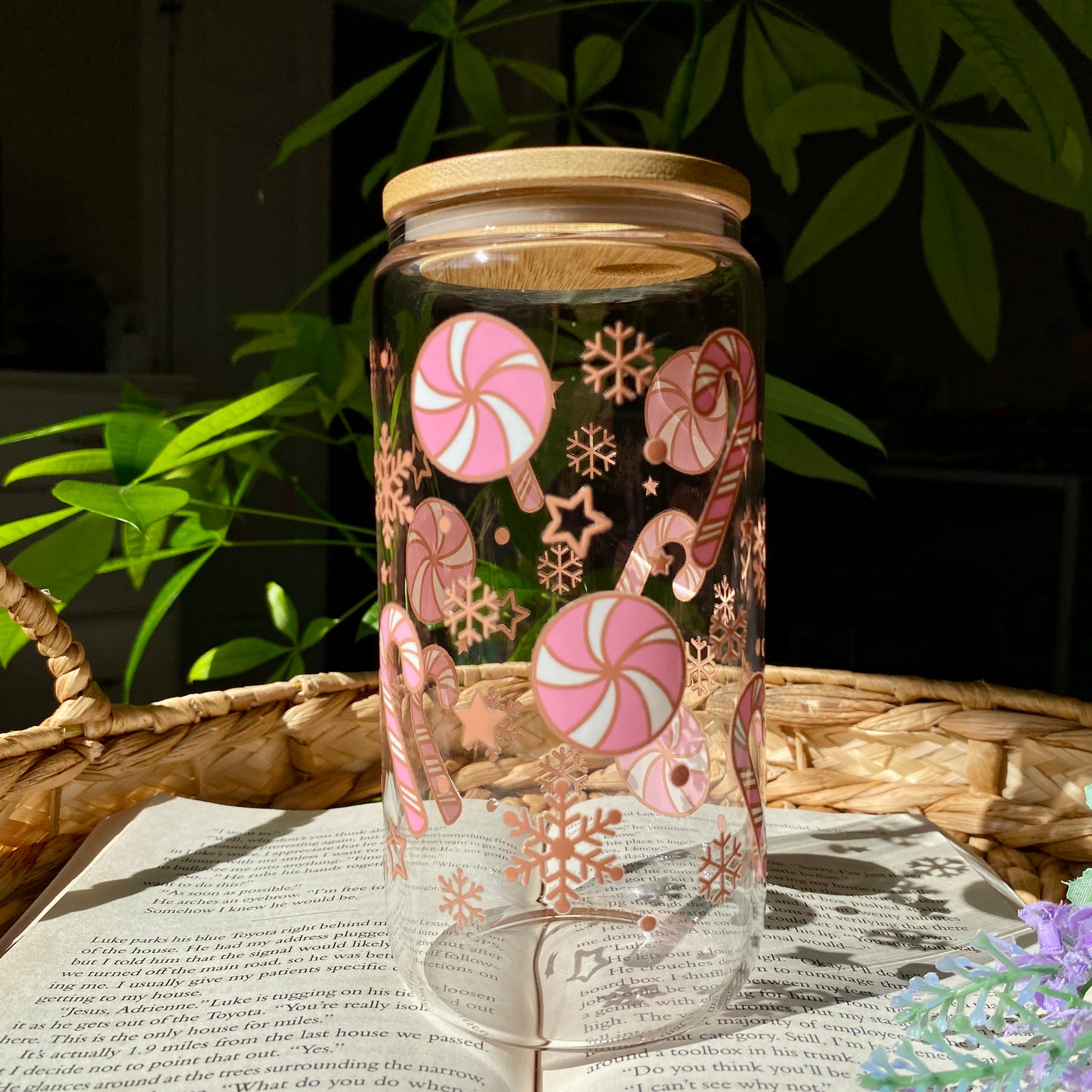 Pink Holiday Christmas Glass Cup | Handmade | Unique Gift | Iced Coffee | Matcha | Simple