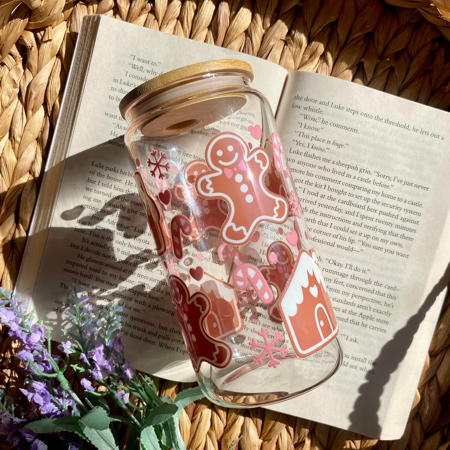 Gingerbread house Holiday Christmas Glass Cup | Handmade | Unique Gift | Iced Coffee | Matcha | Simple