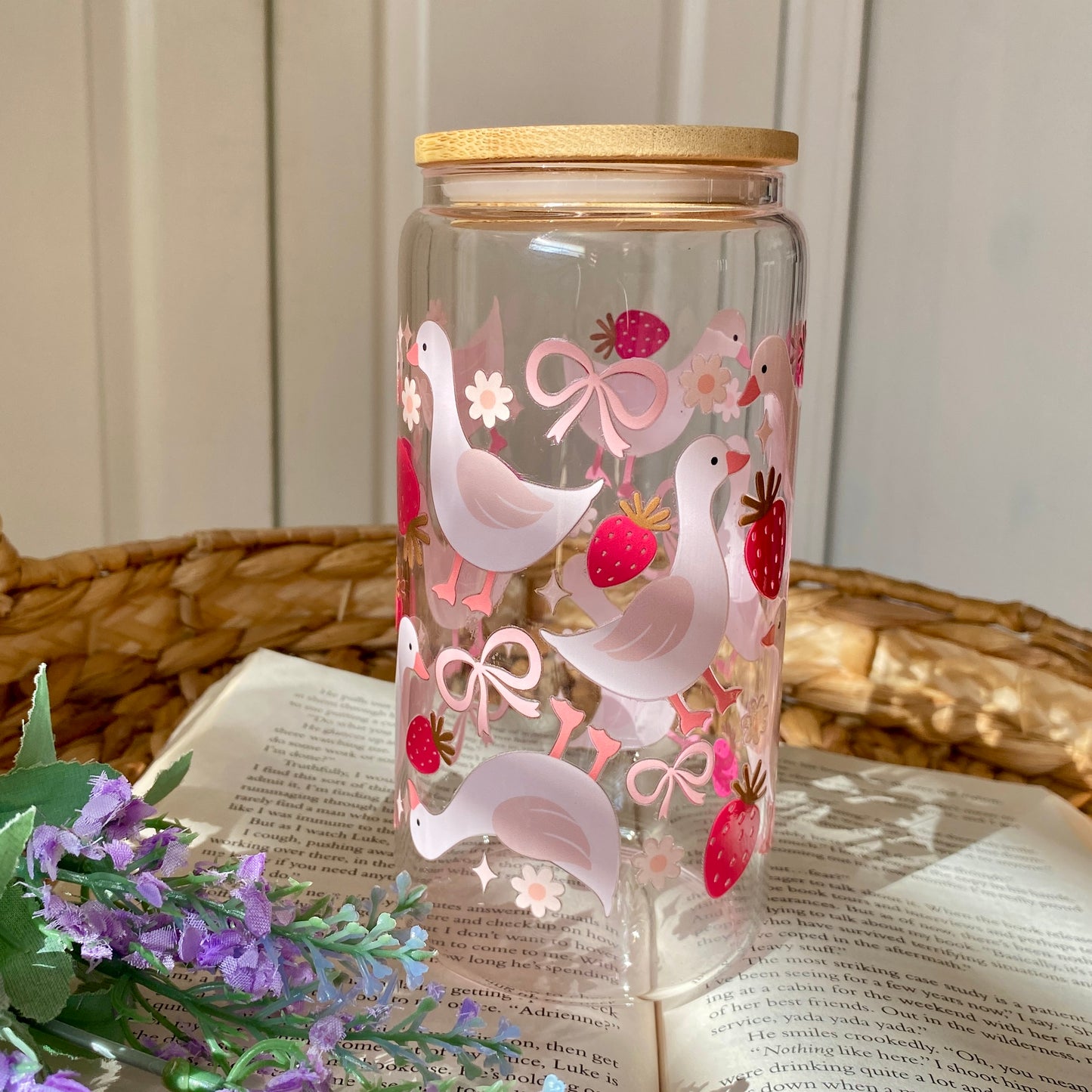 Goose heart Bows | Glass Cup | Handmade | Unique Gift | Iced Coffee | Matcha | Simple