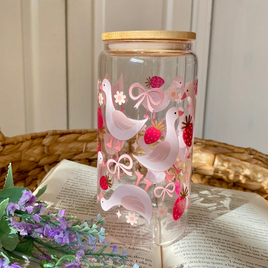 Goose heart Bows | Glass Cup | Handmade | Unique Gift | Iced Coffee | Matcha | Simple