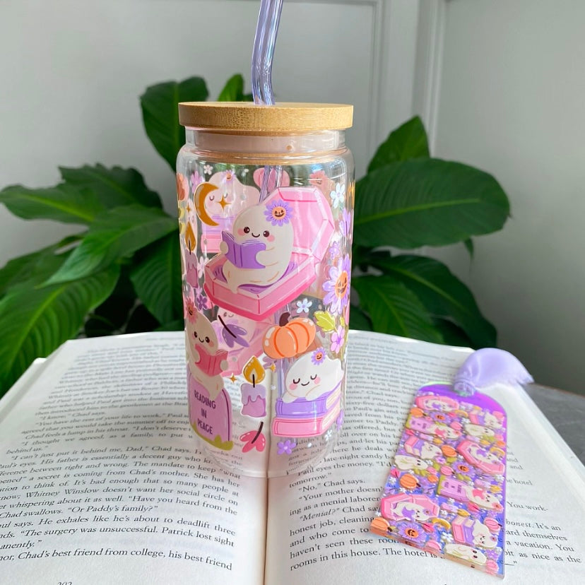 Ghost bookish Glass Cup | Handmade | Unique Gift | Iced Coffee | Matcha | Simple | Bookmark