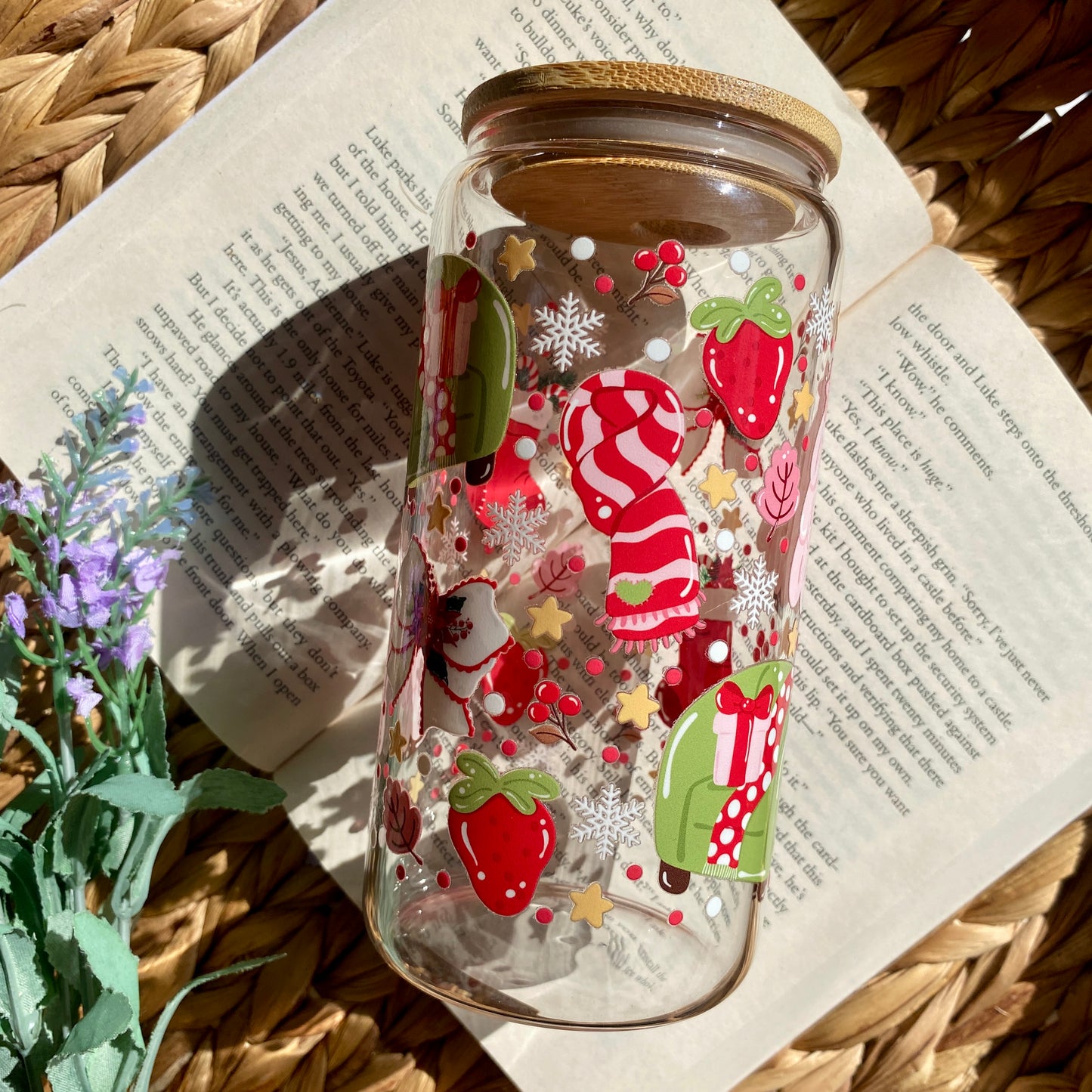 Red Holiday Christmas Glass Cup | Handmade | Unique Gift | Iced Coffee | Matcha | Simple