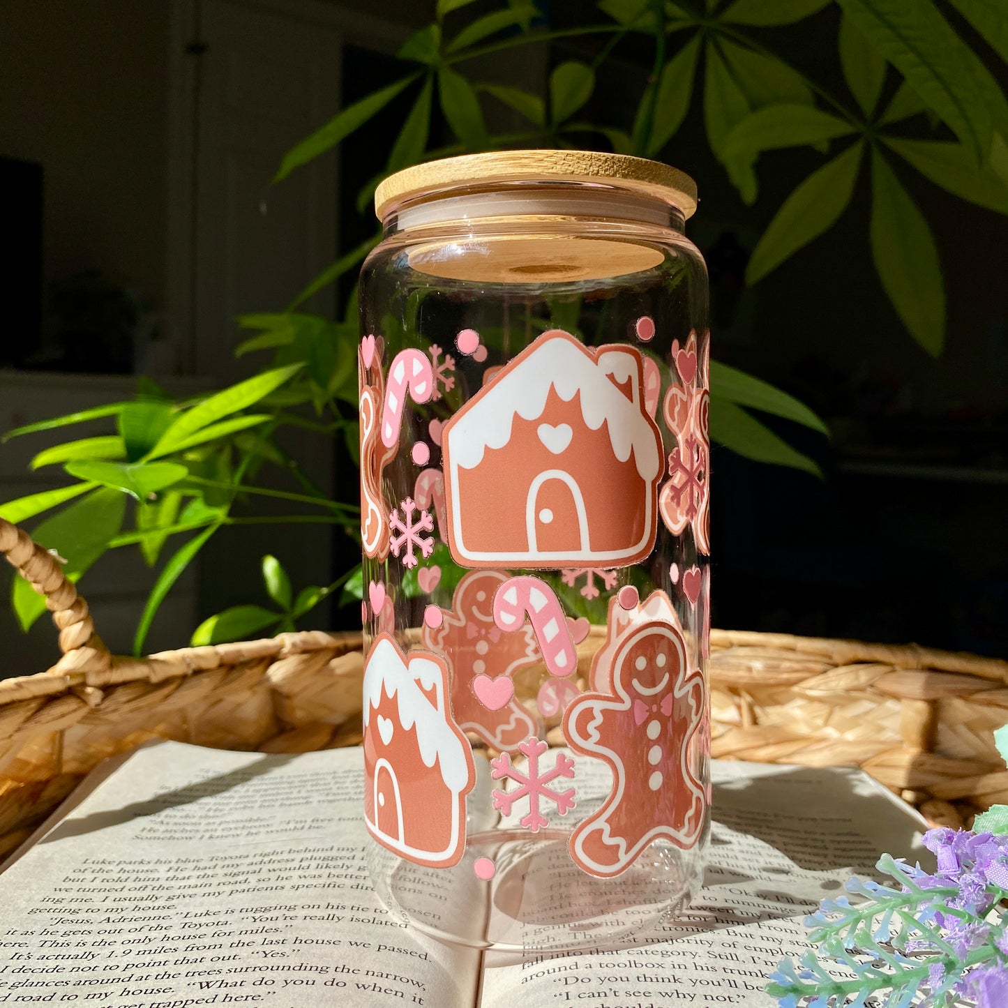 Gingerbread house Holiday Christmas Glass Cup | Handmade | Unique Gift | Iced Coffee | Matcha | Simple