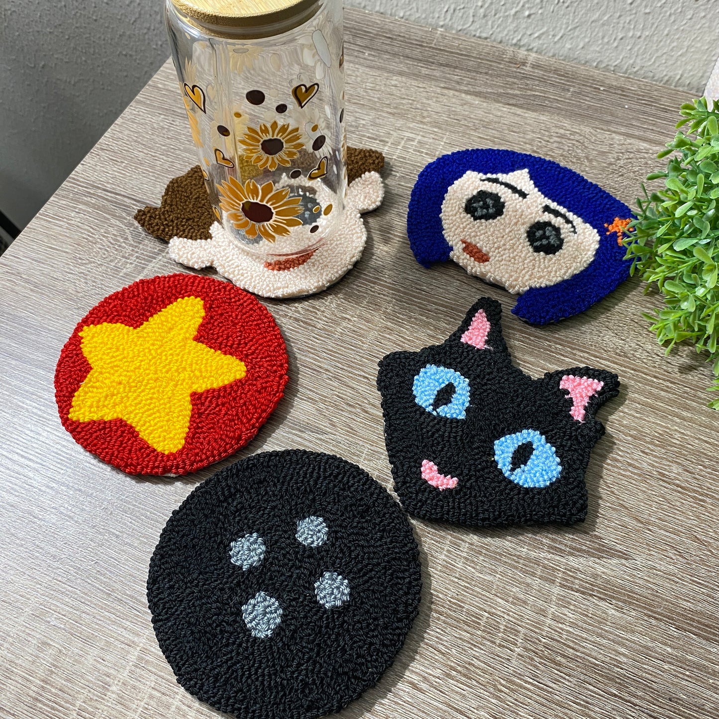 Coraline Wybie Black Cat Button Ghost Eye Handmade Punch Needle coaster mug rug Unique Gift