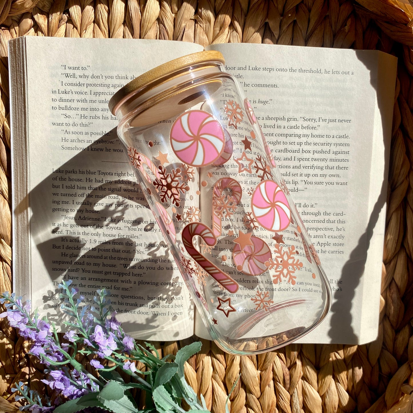 Pink Holiday Christmas Glass Cup | Handmade | Unique Gift | Iced Coffee | Matcha | Simple