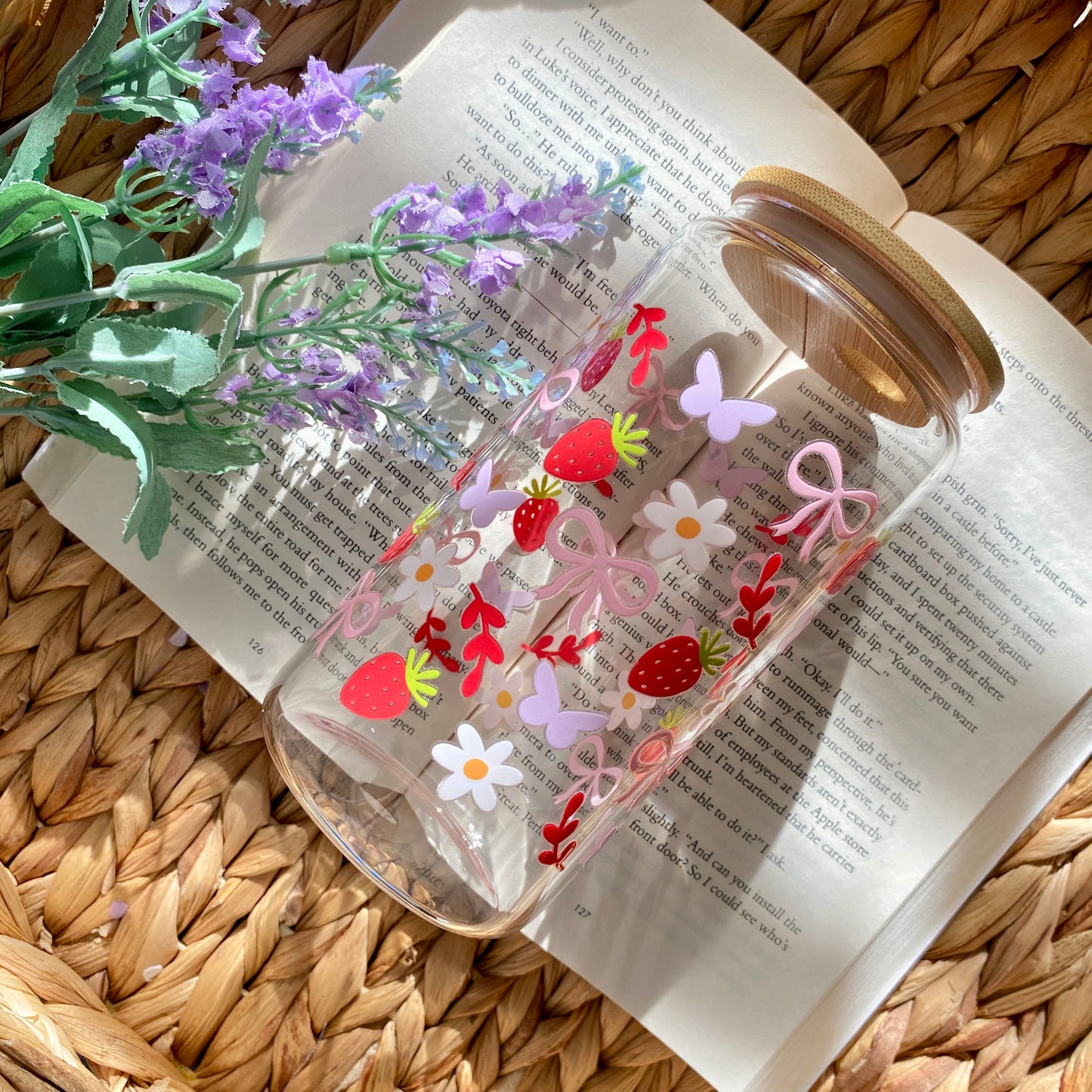 Pink Bow Strawberry Glass Cup | Handmade | Unique Gift | Iced Coffee | Matcha | Simple