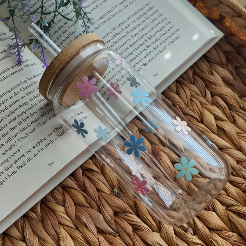 Flowers Daisy Glass Cup | Handmade | Unique Gift | Iced Coffee | Matcha | Simple