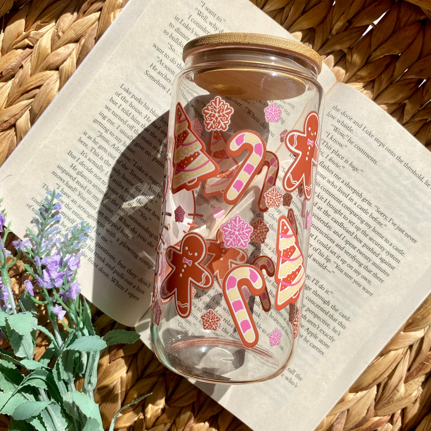 HK Gingerbread Holiday Christmas Glass Cup | Handmade | Unique Gift | Iced Coffee | Matcha | Simple