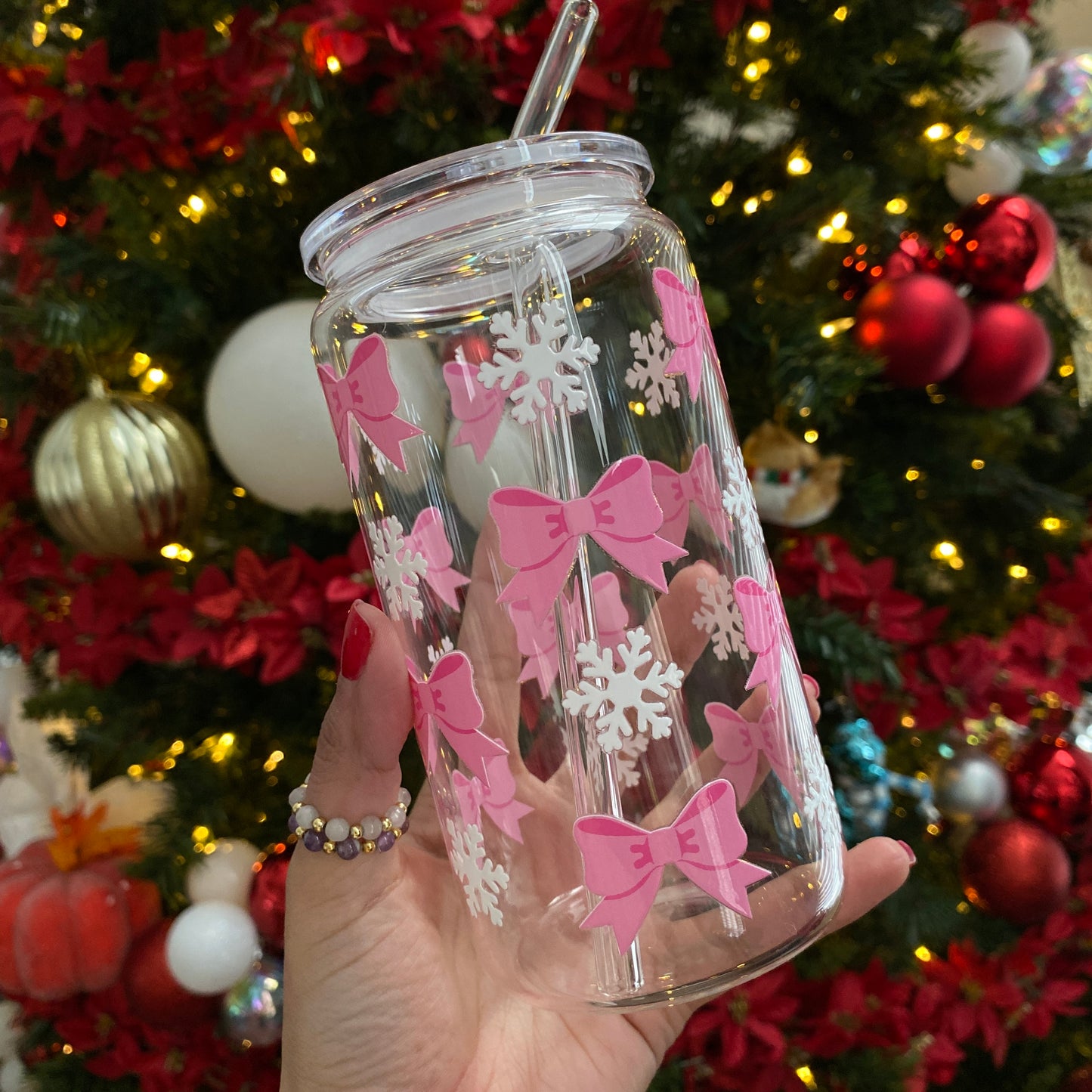 20 oz Cute Pink Bows White Snowflake Glass Cup | Punch Needle Bow coaster