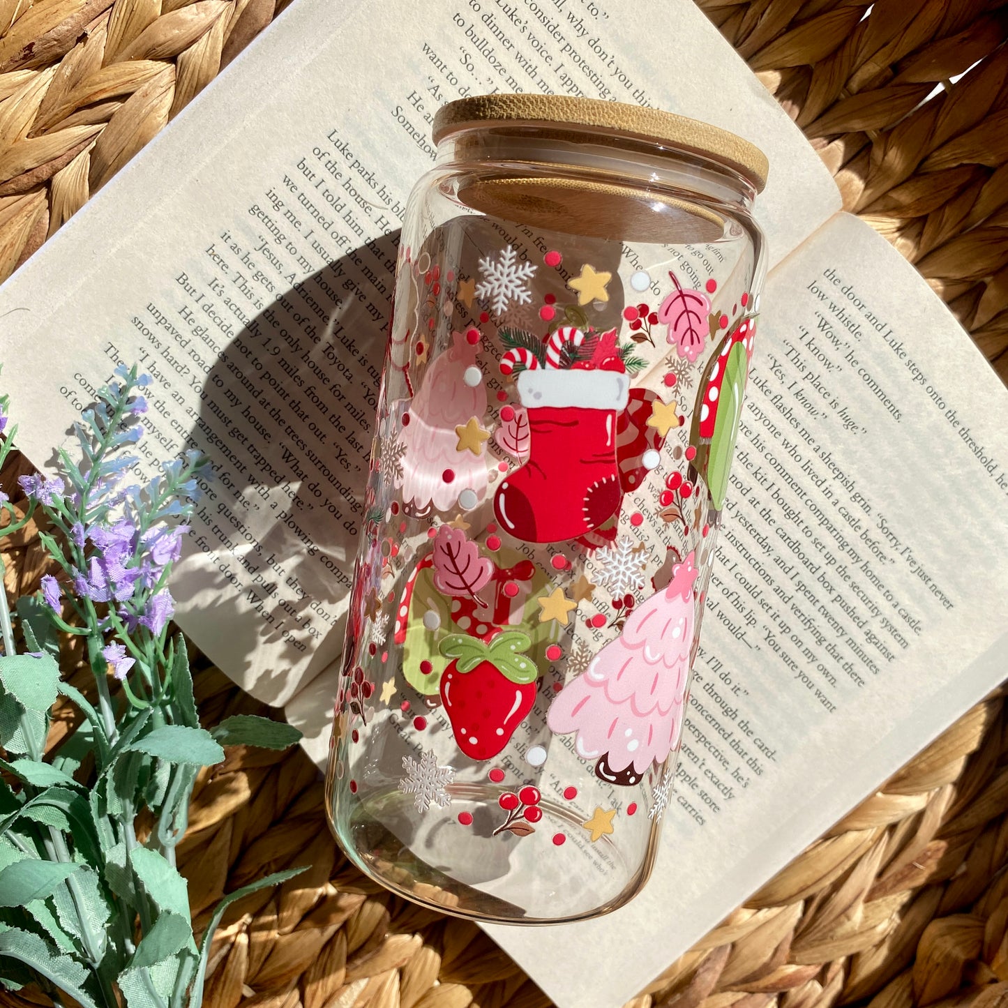 Red Holiday Christmas Glass Cup | Handmade | Unique Gift | Iced Coffee | Matcha | Simple