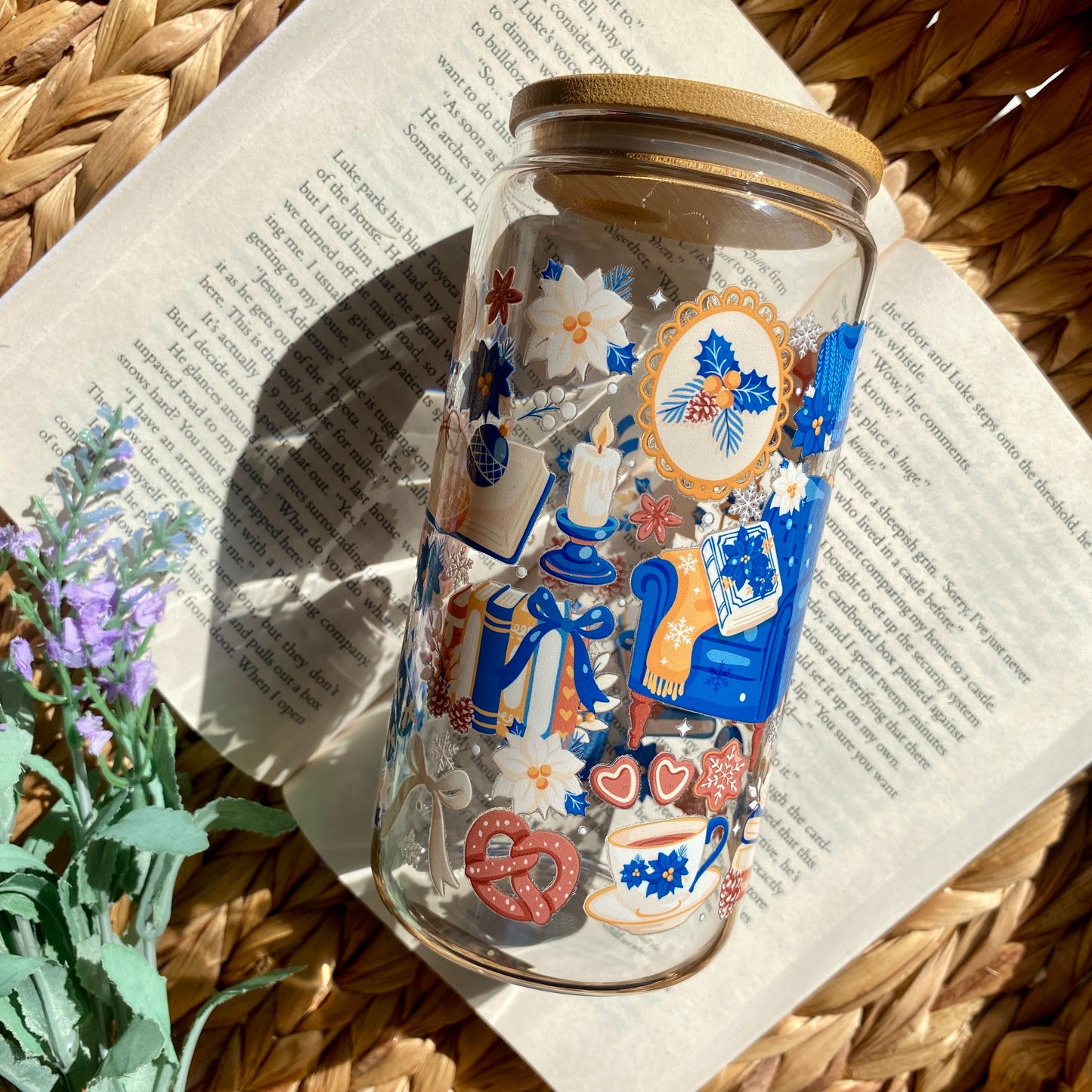 Blue Holiday Christmas Glass Cup | Handmade | Unique Gift | Iced Coffee | Matcha | Simple