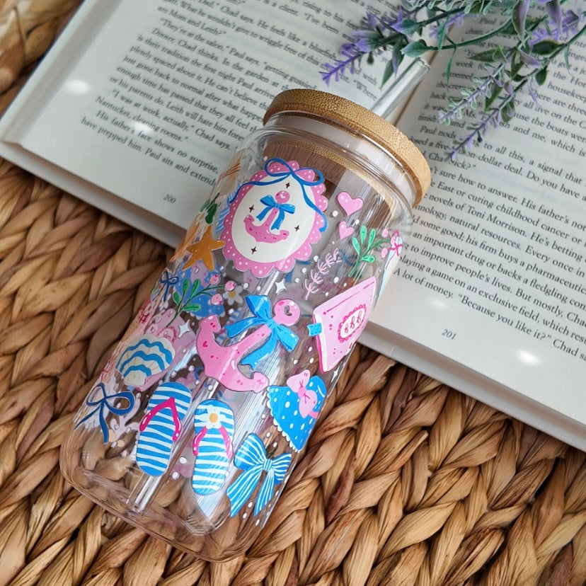 Coastal Pink Coquette Preppy Summer Glass Cup | Handmade | Unique Gift | Iced Coffee | Matcha | Simple