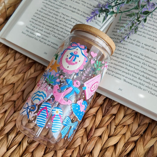 Coastal Pink Coquette Preppy Summer Glass Cup | Handmade | Unique Gift | Iced Coffee | Matcha | Simple