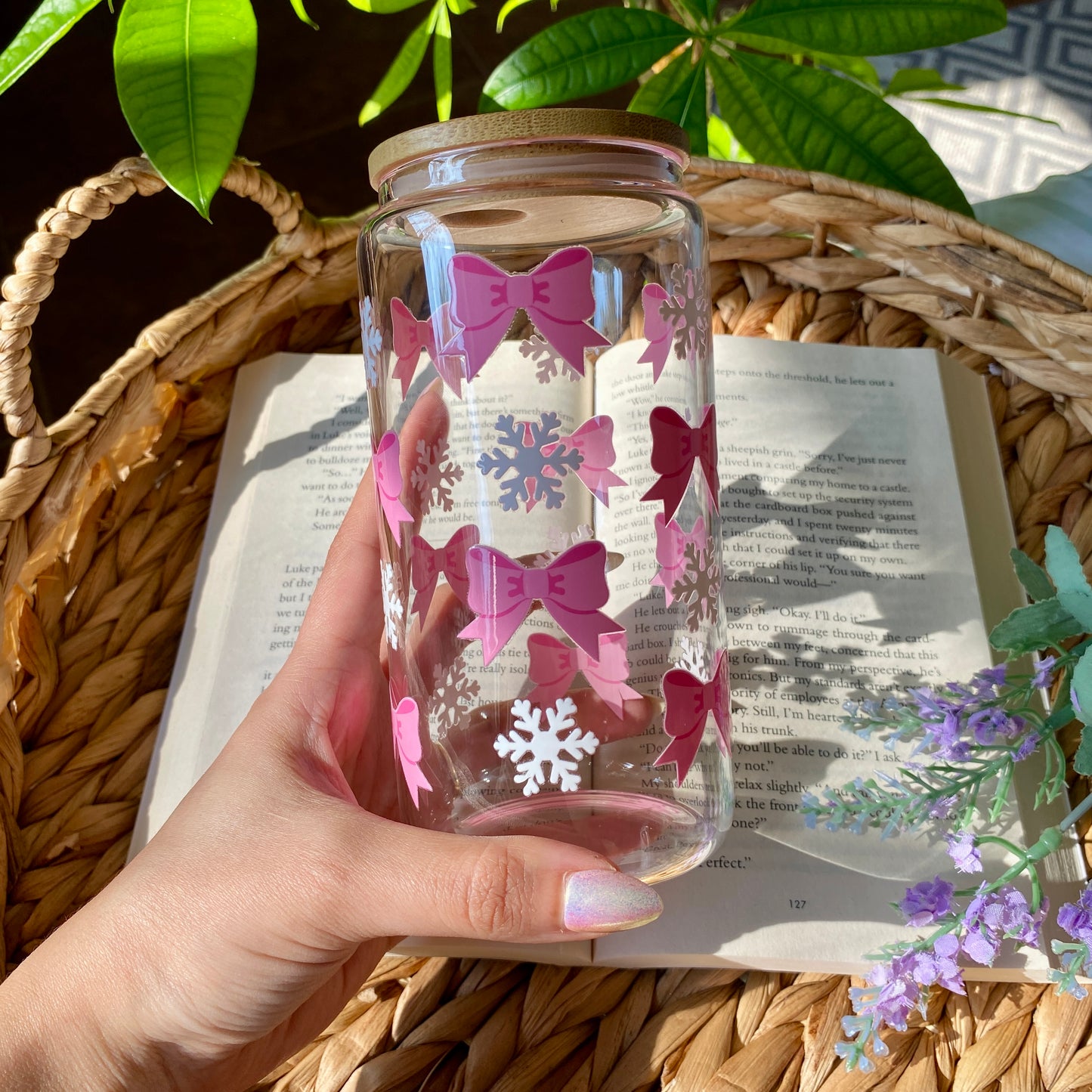 Pink Holiday Christmas Bows Coquette Glass Cup | Handmade | Unique Gift | Iced Coffee | Matcha | Simple