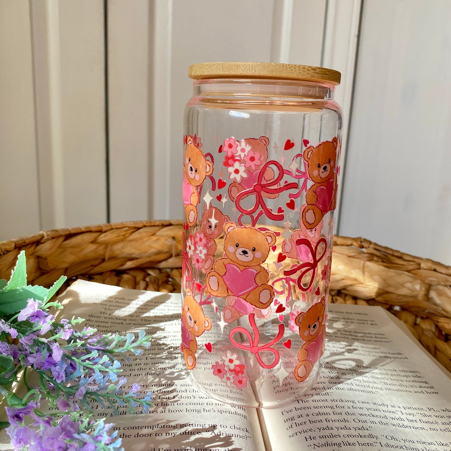 Bear Hearts Bows Valentines | Glass Cup | Handmade | Unique Gift | Iced Coffee | Matcha | Simple