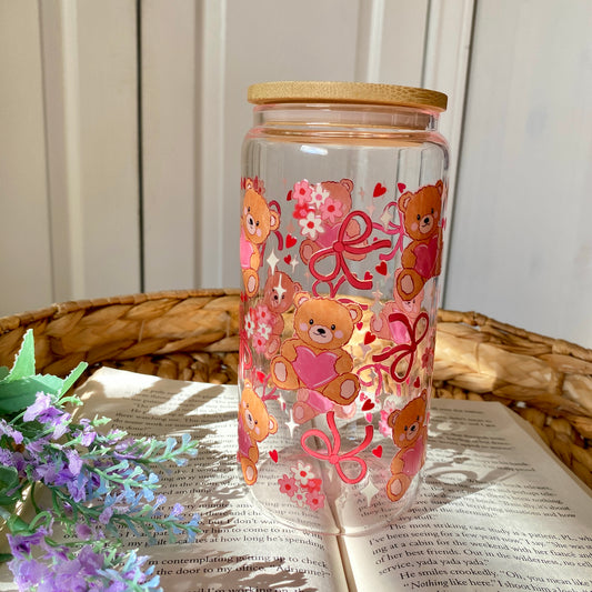 Bear Hearts Bows Valentines | Glass Cup | Handmade | Unique Gift | Iced Coffee | Matcha | Simple