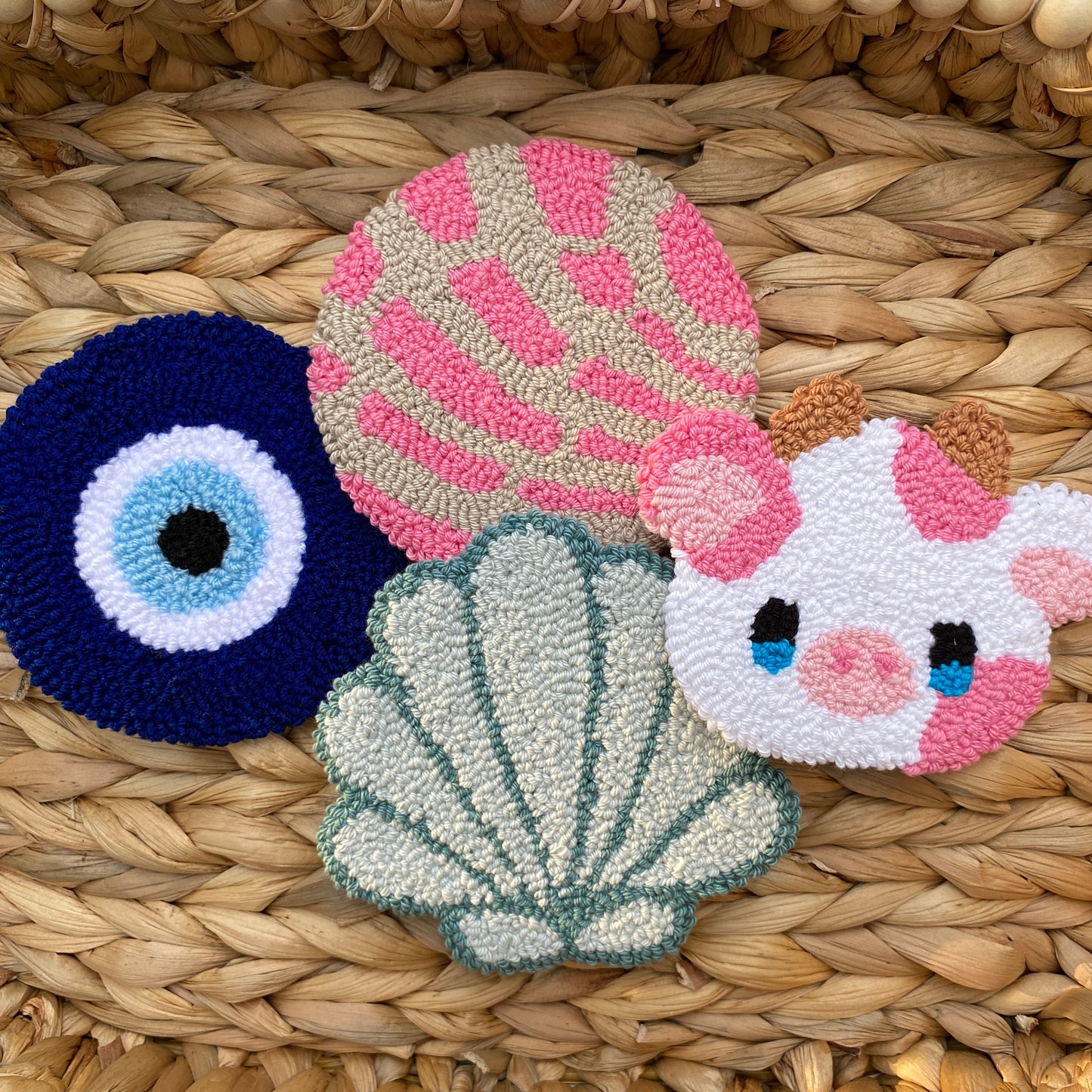 Pink Cow | Evil eye | Concha | Seashell | Handmade punch needle mug rug coaster