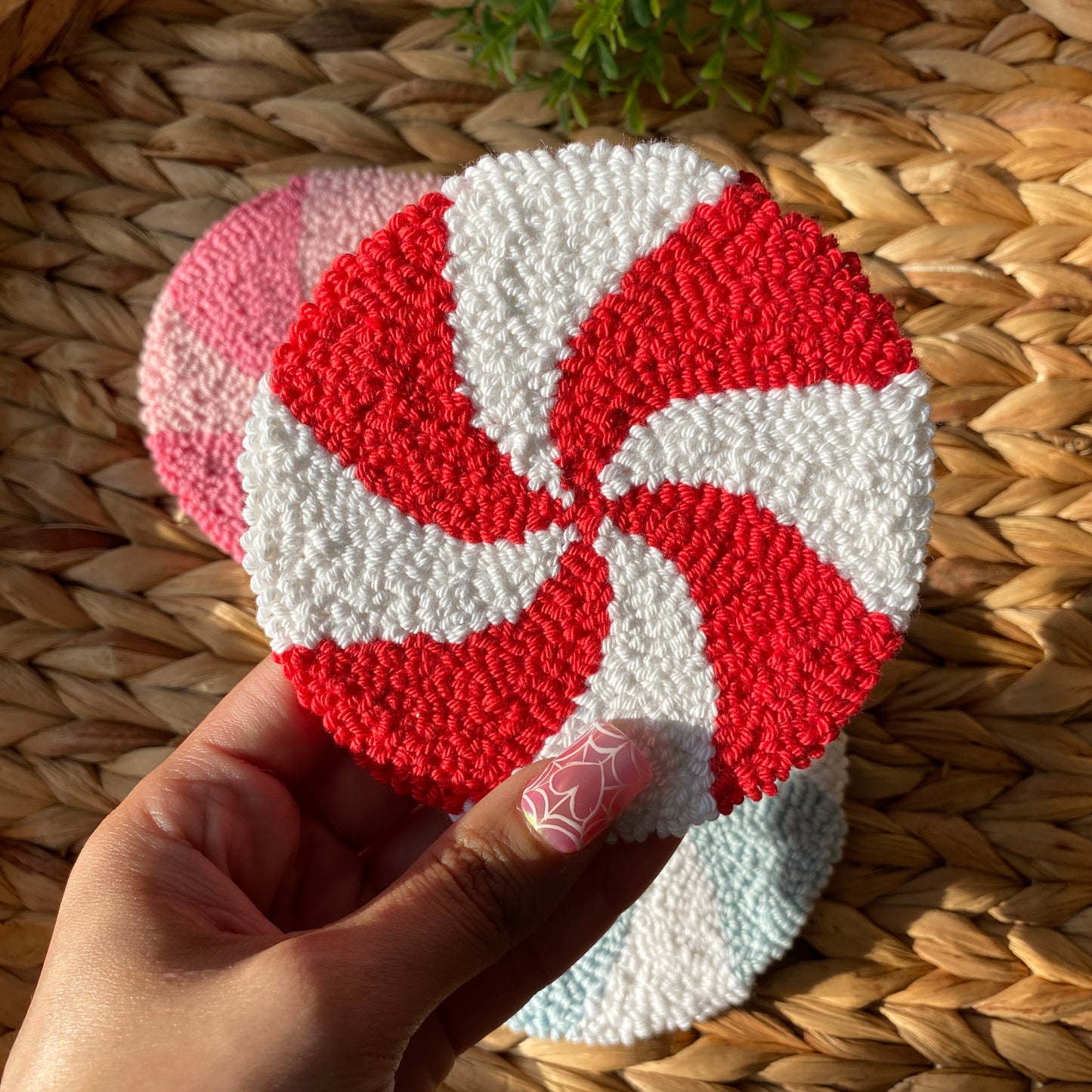 Holiday Christmas Candy | Mug | Handmade punch needle mug rug coaster