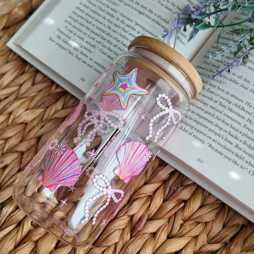 Coastal Pink Coquette Shell Summer Glass Cup | Handmade | Unique Gift | Iced Coffee | Matcha | Simple