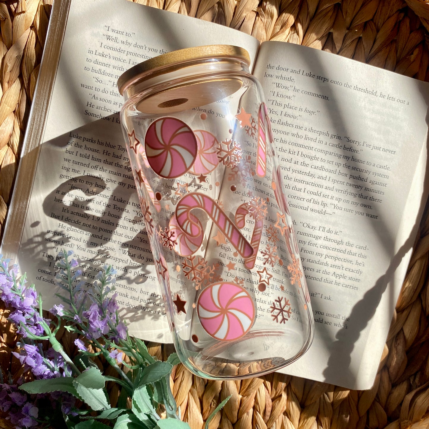 Pink Holiday Christmas Glass Cup | Handmade | Unique Gift | Iced Coffee | Matcha | Simple