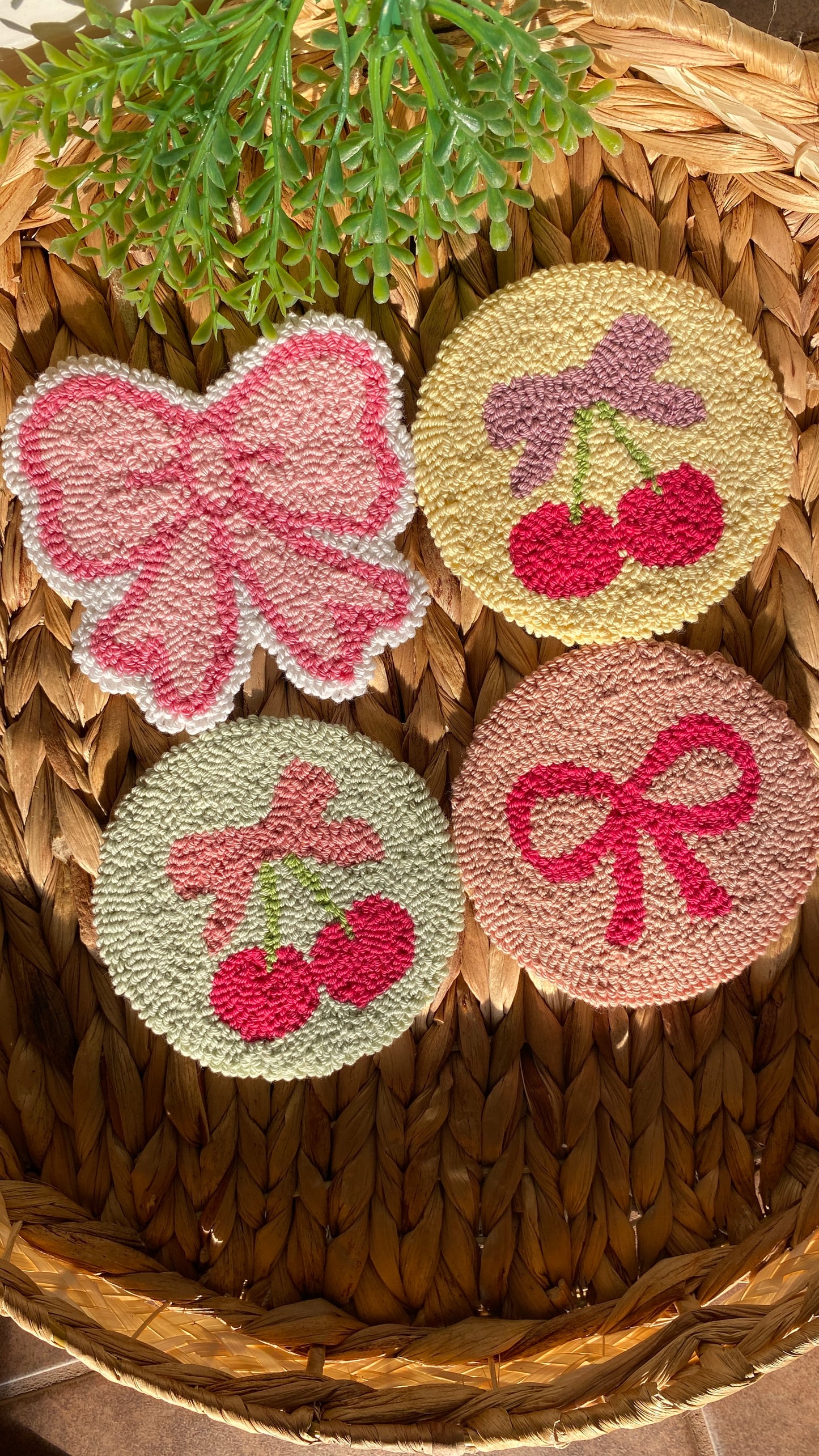 Pink Bow | Cherry with Bow | Coquette Handmade punch needle mug rug coaster