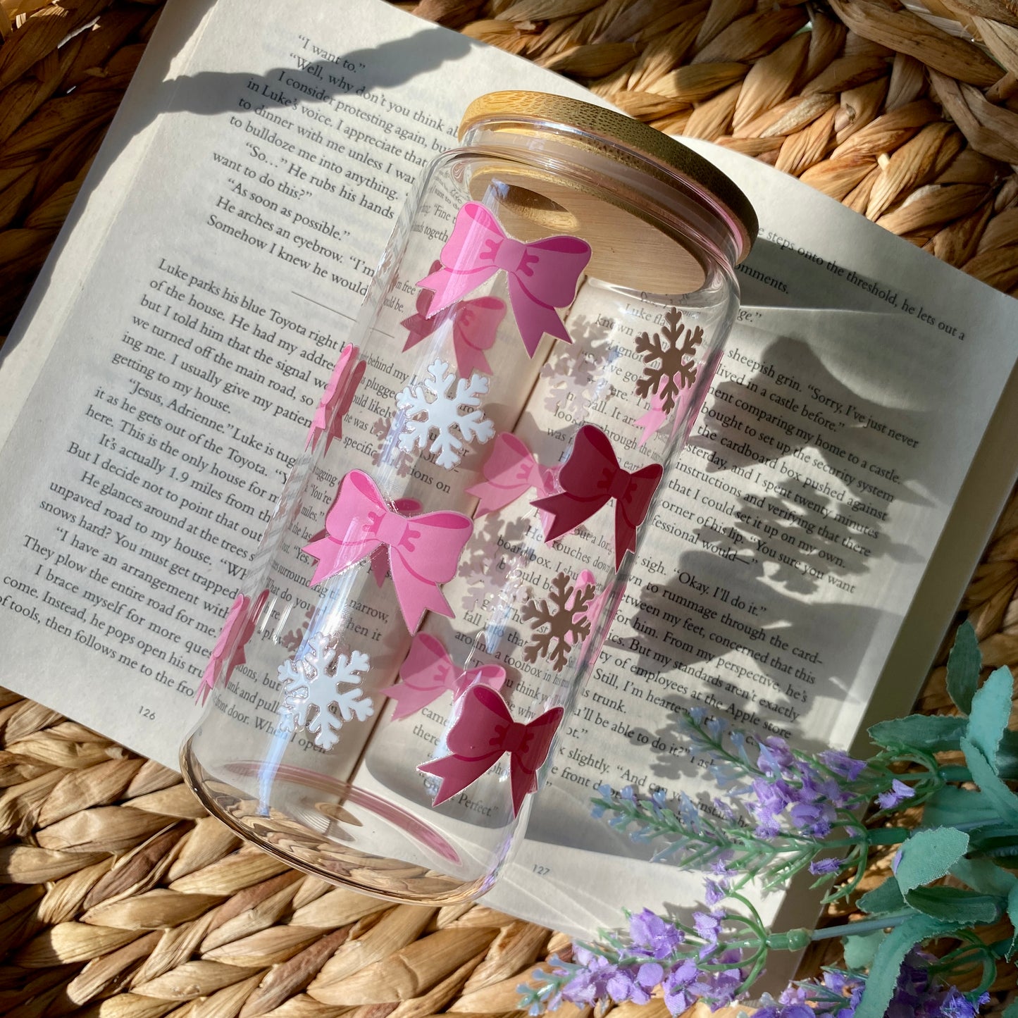 Pink Holiday Christmas Bows Coquette Glass Cup | Handmade | Unique Gift | Iced Coffee | Matcha | Simple