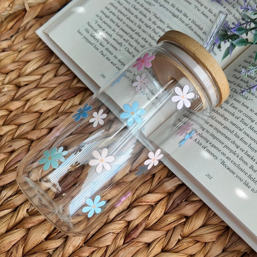 Flowers Daisy Glass Cup | Handmade | Unique Gift | Iced Coffee | Matcha | Simple