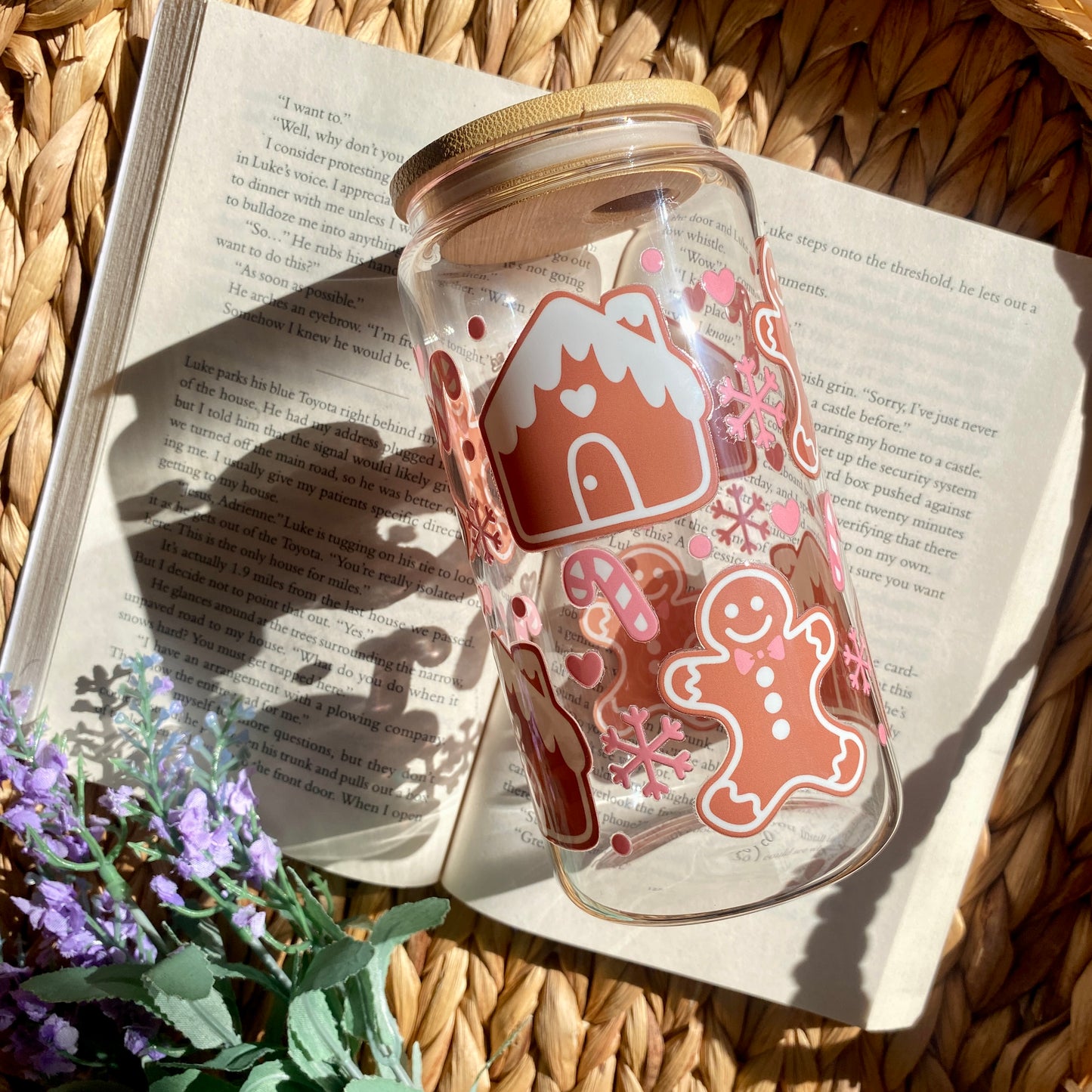 Gingerbread house Holiday Christmas Glass Cup | Handmade | Unique Gift | Iced Coffee | Matcha | Simple