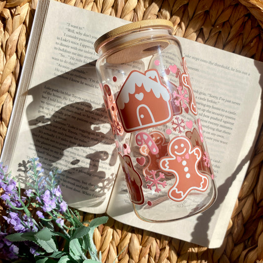 Gingerbread house Holiday Christmas Glass Cup | Handmade | Unique Gift | Iced Coffee | Matcha | Simple