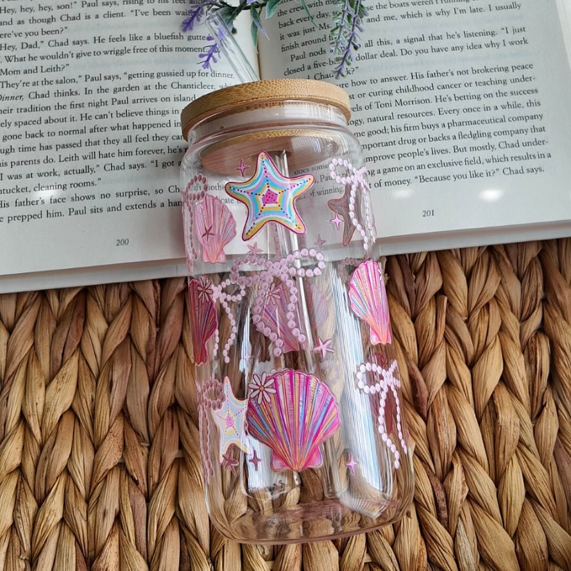 Coastal Pink Coquette Shell Summer Glass Cup | Handmade | Unique Gift | Iced Coffee | Matcha | Simple