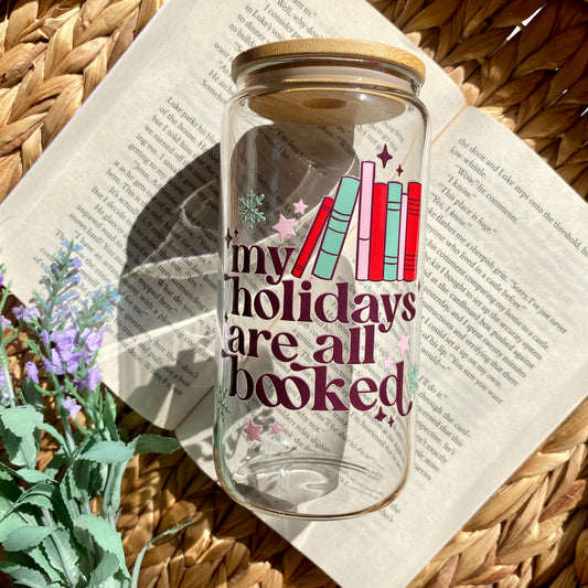 Holiday Weekend Booked Bookish Christmas Glass Cup | Handmade | Unique Gift | Iced Coffee | Matcha | Simple
