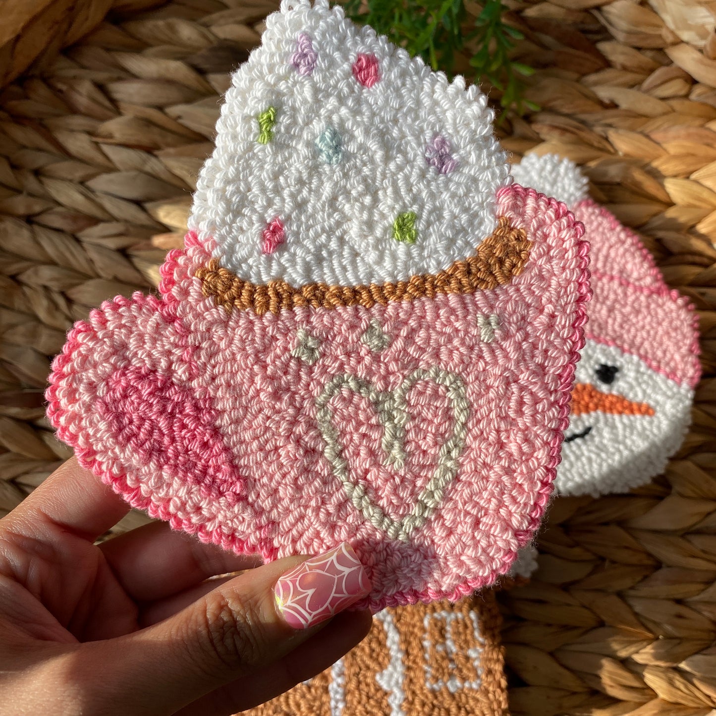 Holiday Christmas Gingerbread House | Snowman | Mug | Handmade punch needle mug rug coaster