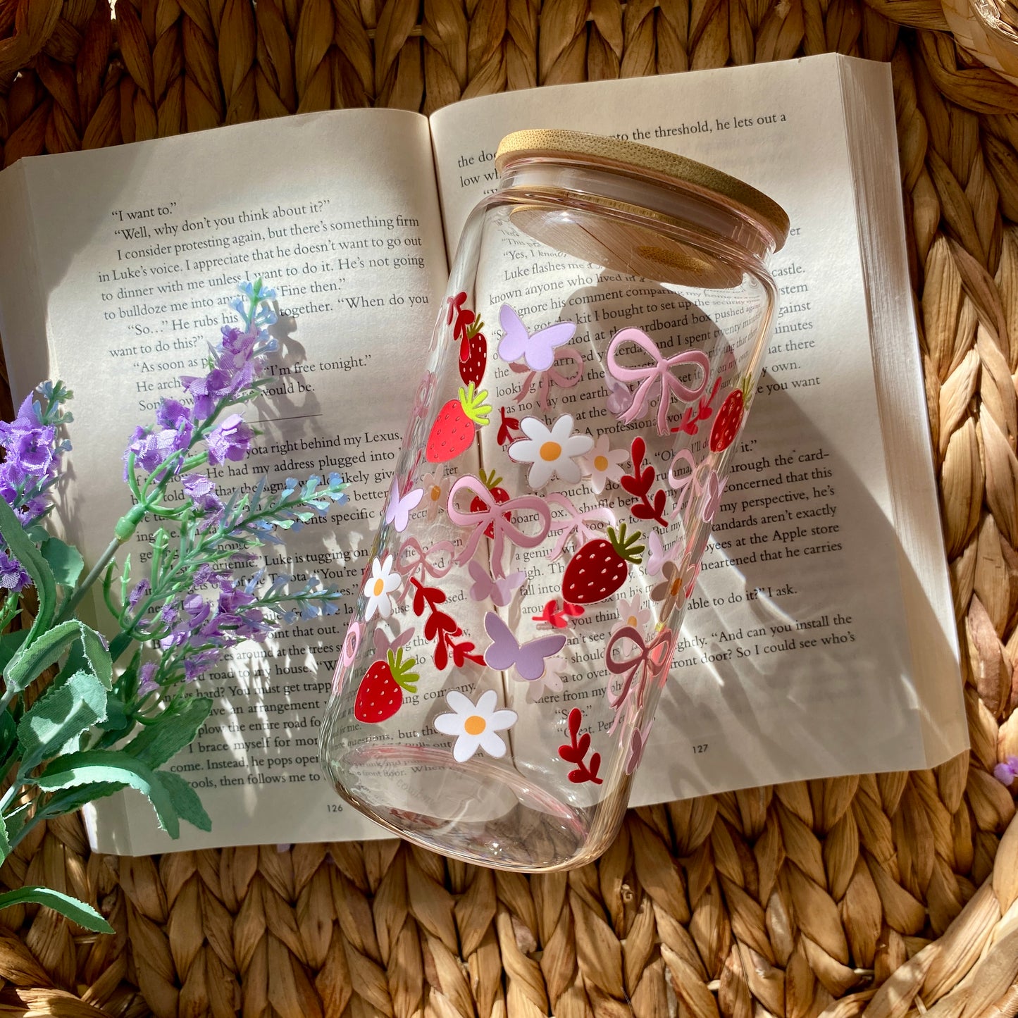 Pink Bow Strawberry Glass Cup | Handmade | Unique Gift | Iced Coffee | Matcha | Simple